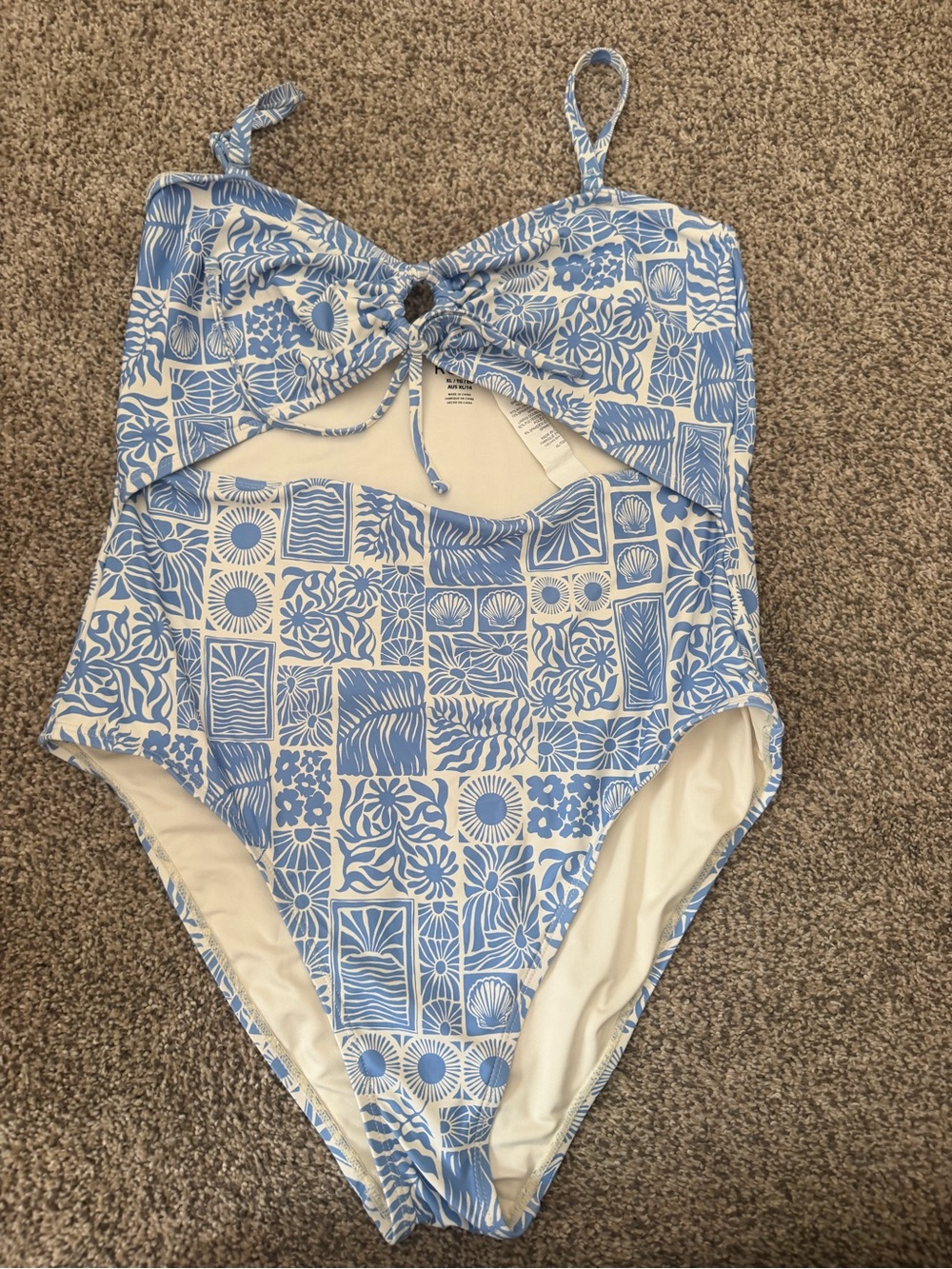 Roxy Blue and White One-Piece Swim Suit with Front Cutout